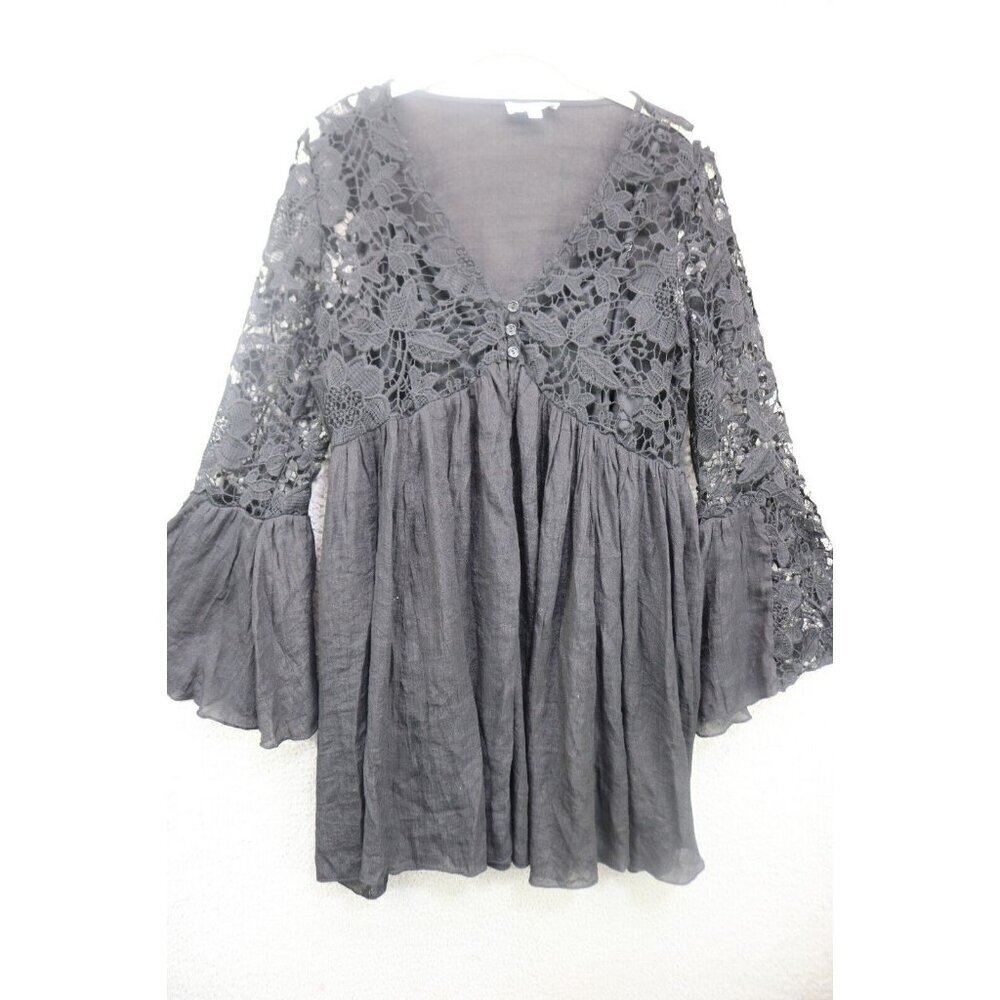 J. Gee Black Lace Sheer Babydoll Dress-Long Bell Sleeves-Medium-Whimsigoth-Goth